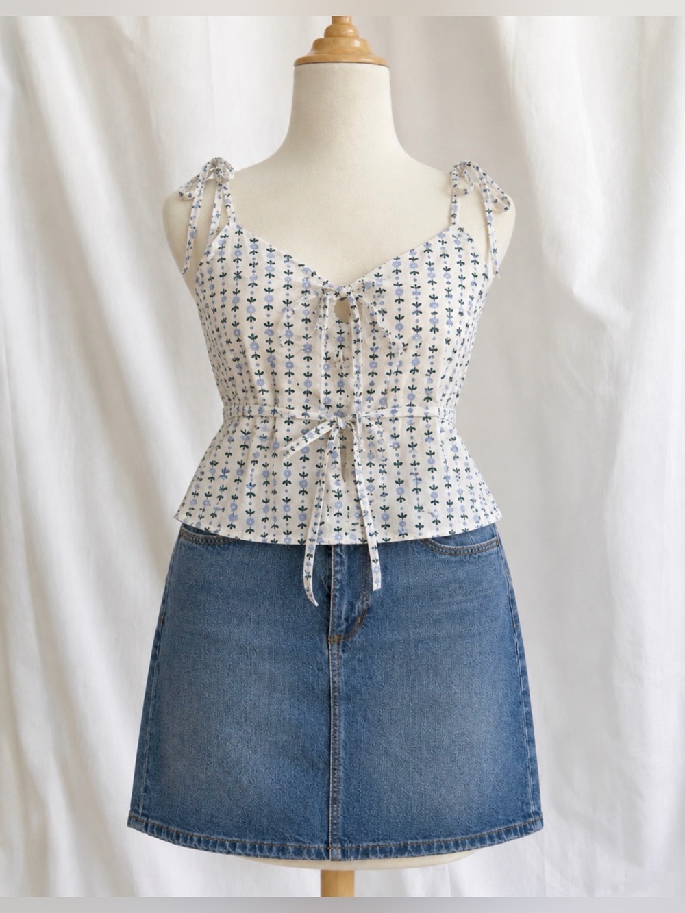 LOFT Floral Set: Peplum Tie-Front Top + Denim Skirt – Size 4 – New With Tags (NW
